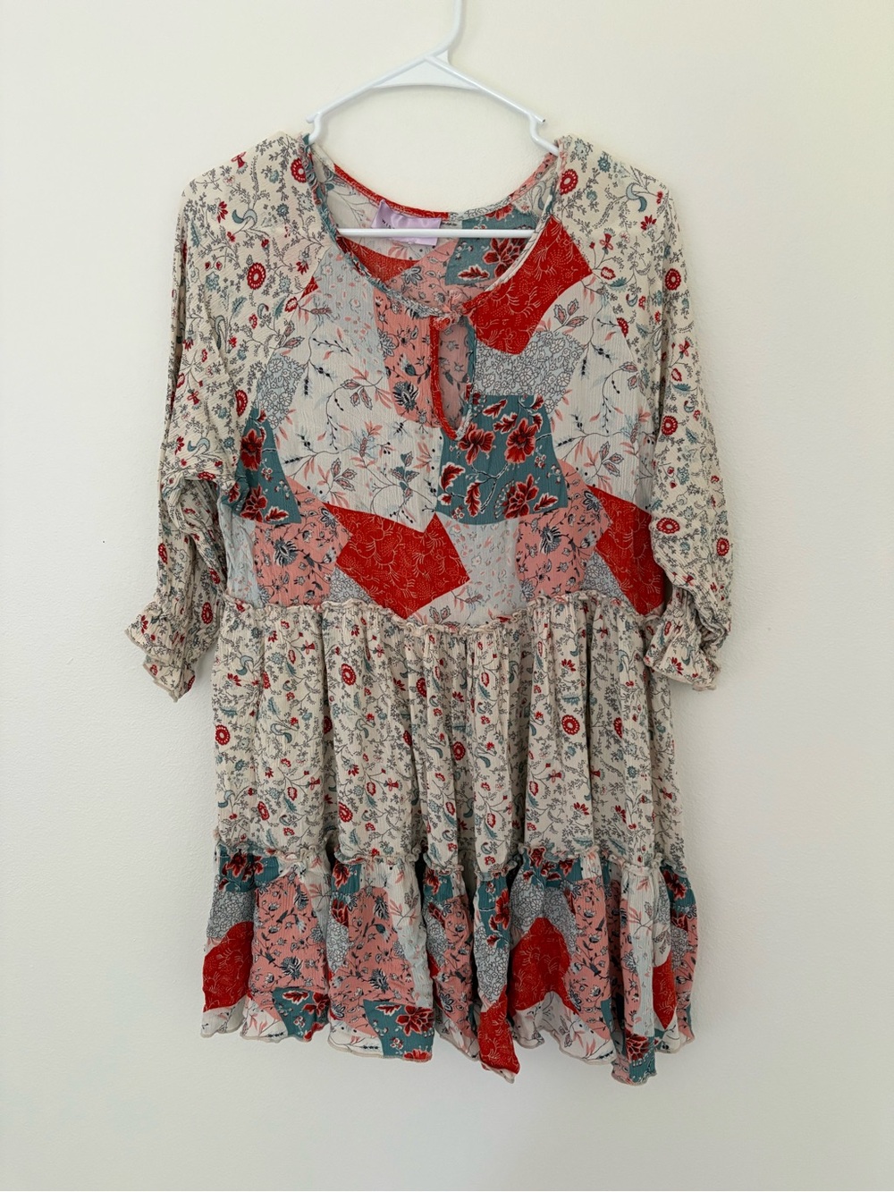 Wisteria Lane Patchwork Flowy Tiered Mini Dress Floral Women’s Large